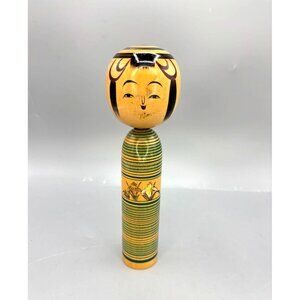 Vintage Japanese Kokeshi Doll With Hand-Painted Face & Striped Body Design 9.5"
